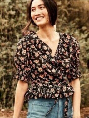Doen Black Floral Wrap Blouse with Poppy Print